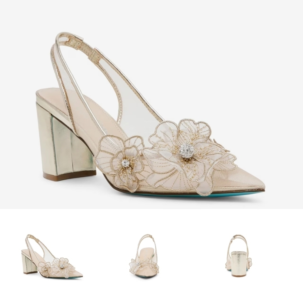 NWT Betsey Johnson Gold & Nude Floral Embellished Slingback Heels